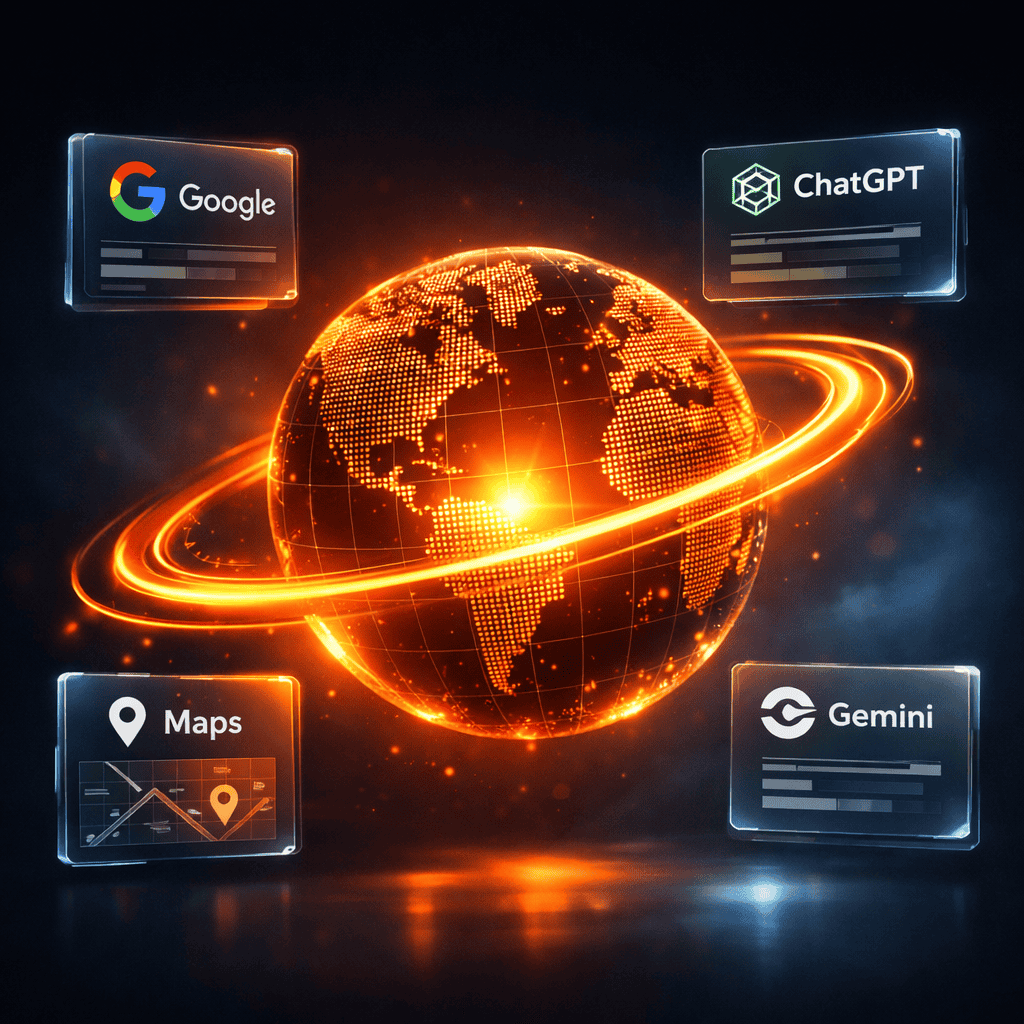 AI search results showing a local business prominently featured in ChatGPT, Google Maps, and Gemini answers